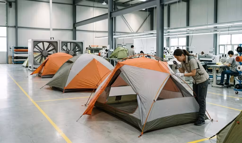 A professional backpacking tent manufacturer's facility showing staff performing final assembly and quality inspection on high-altitude camping tents. Proof of a reliable tent factory with standardized production lines.