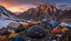 A professional high-altitude base camp featuring inflatable tents, geodesic domes, and frame tents from a leading best tent manufacturer at sunset.