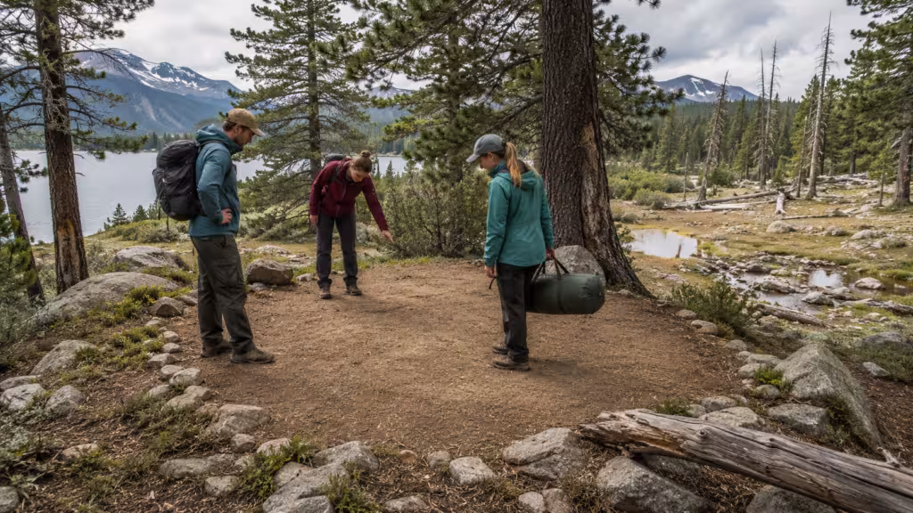 Campers choosing a flat and safe campsite before setting up a dome tent