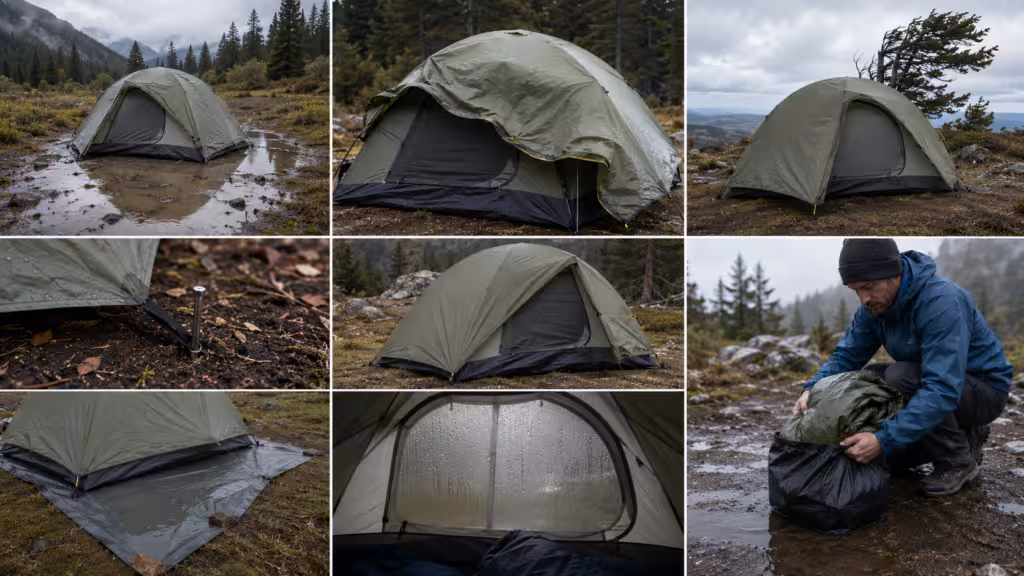 Common dome tent setup mistakes including loose rainfly, poor staking, exposed footprint, and wet tent storage