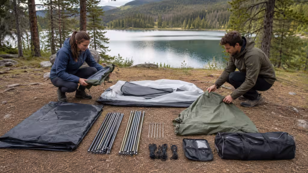 Campers checking dome tent parts before assembly at an outdoor campsite