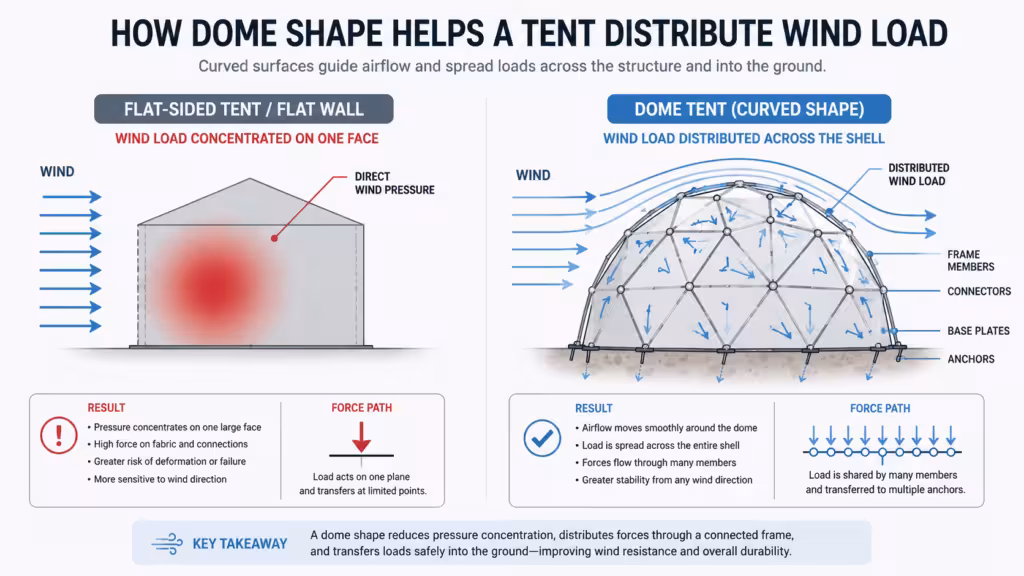 Dome tent wind load distribution compared with flat sided tent