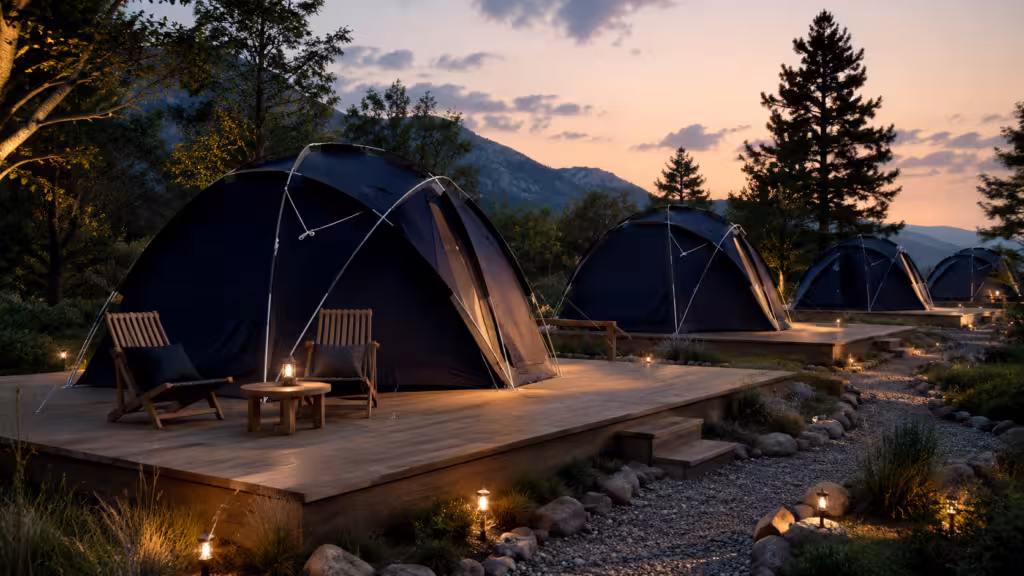 Glamping Dome Tent resort campsite with wooden platforms and outdoor furniture