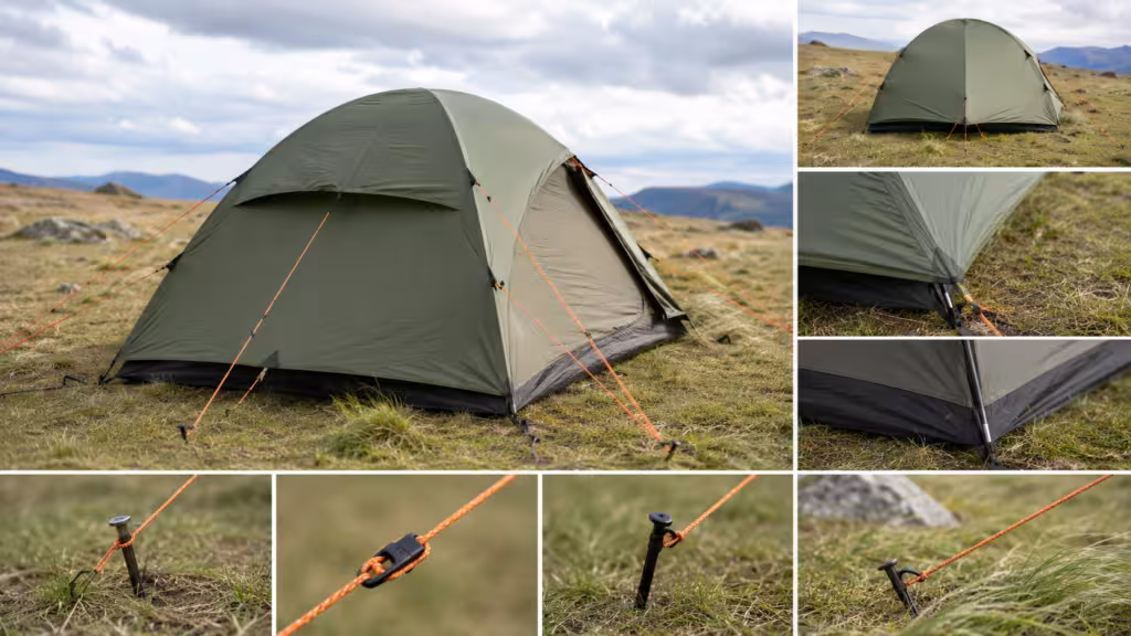 Dome tent secured in wind with properly tensioned guy lines, stakes, and rainfly