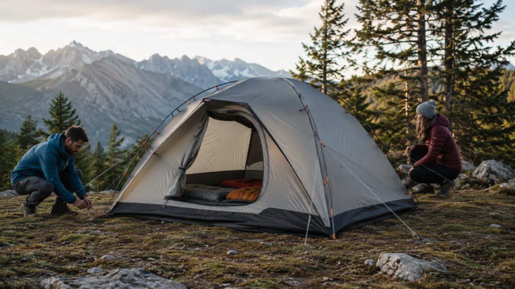 Outdoor dome tent fully set up with guy lines and stakes at a mountain campsite