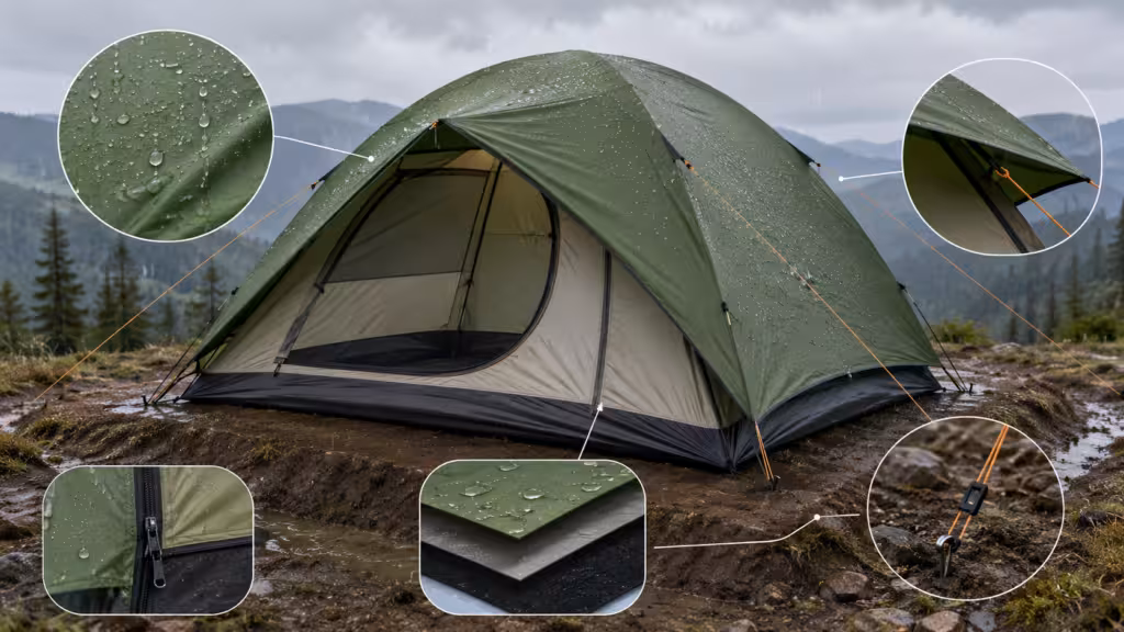 Outdoor dome tent showing waterproof rainfly material, tent floor, and guy line tension for better weather protection