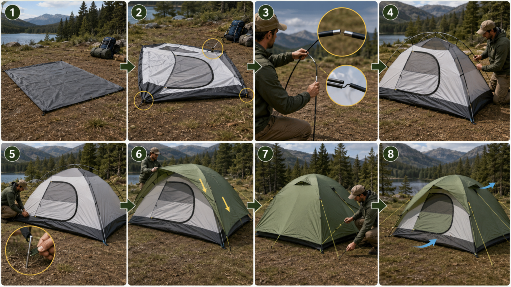 Step-by-step dome tent setup guide showing groundsheet, pole assembly, rainfly attachment, staking, and guy line tension