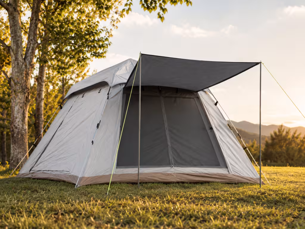 4 corner instant tent set up at a short-trip campsite with front awning, compact structure, guy lines, and outdoor camping scenery