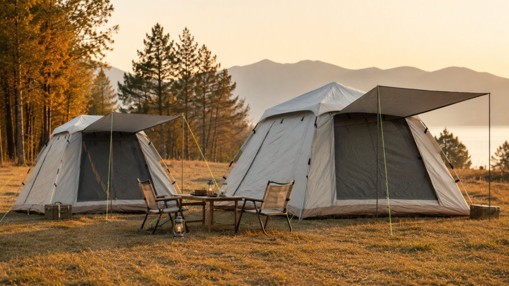 4 corner instant tent and 6 corner instant tent side by side at a golden-hour campsite showing compact structure and larger family camping layout