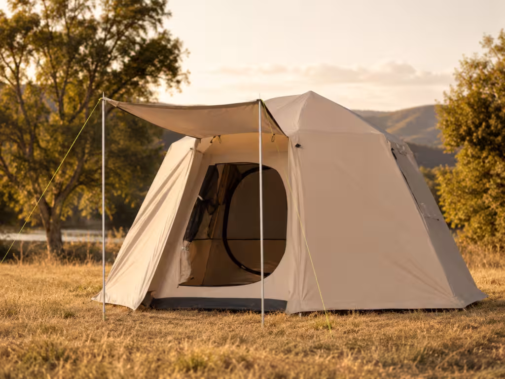 6 corner instant tent set up at a premium family campsite with front awning, spacious entrance, and outdoor camping scenery