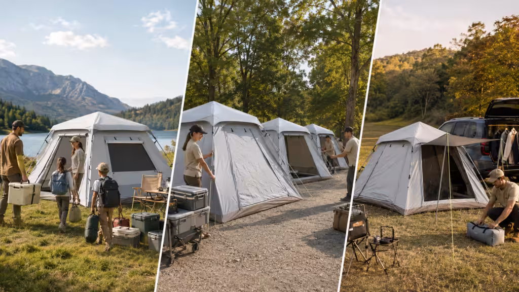 Automatic instant tent use cases for family camping, campsite rentals, outdoor retail packages, and short outdoor trips