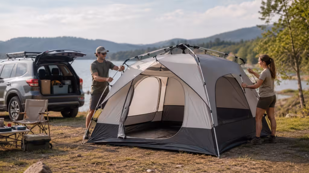 Automatic instant tent being set up quickly at a lakeside campsite with a pre-attached frame for short outdoor trips