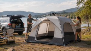 Automatic instant tent being set up quickly at a lakeside campsite with a pre-attached frame for short outdoor trips