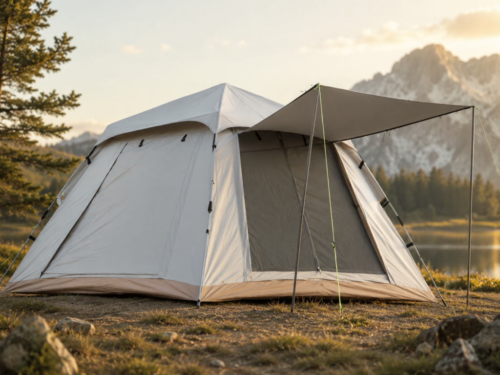 Automatic instant tent with front awning set up at a premium mountain campsite during golden hour