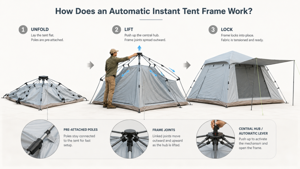 Diagram showing how an automatic instant tent frame works with pre-attached poles, frame joints, and a central hub lever system