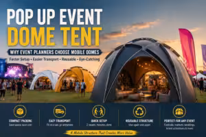 Pop up event dome tent cover image showing mobile dome tents at an outdoor festival with compact packing, easy transport, quick setup, and reusable structure benefits