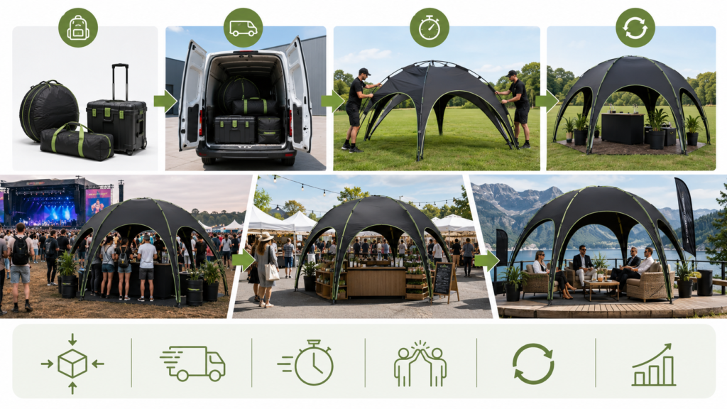 Pop up event dome tent logistics infographic showing compact packing, van transport, quick setup, and reuse across festivals, markets, and outdoor events