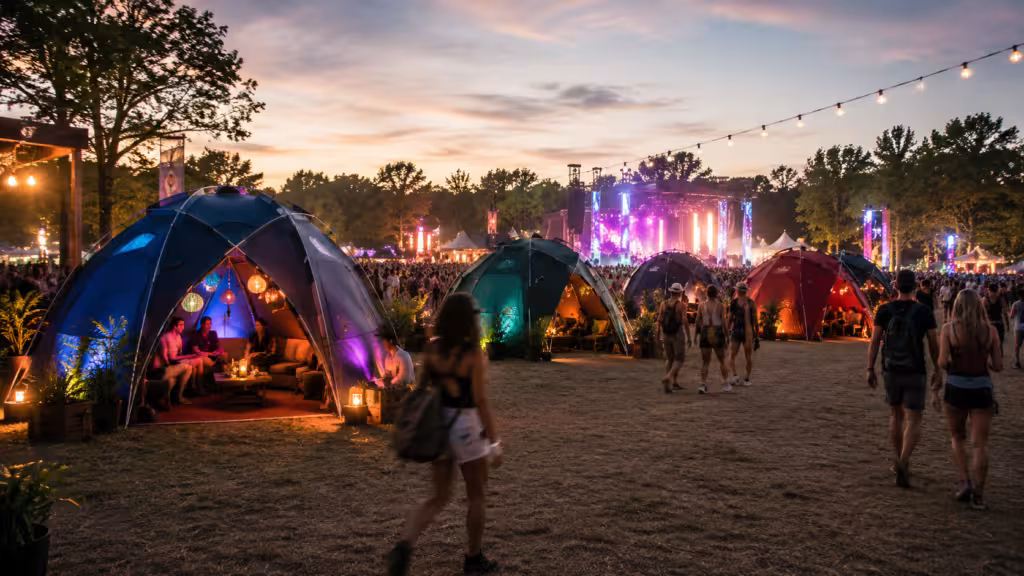 Pop up event dome tent used as brand booths, lounge areas, and vendor spaces at an outdoor music festival