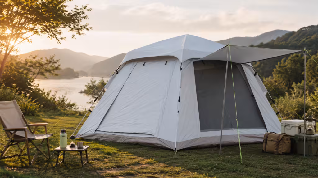 Quick setup instant tent set up at a lakeside campsite with canopy awning, camping chairs, outdoor gear, and mountain background for comfortable outdoor camping