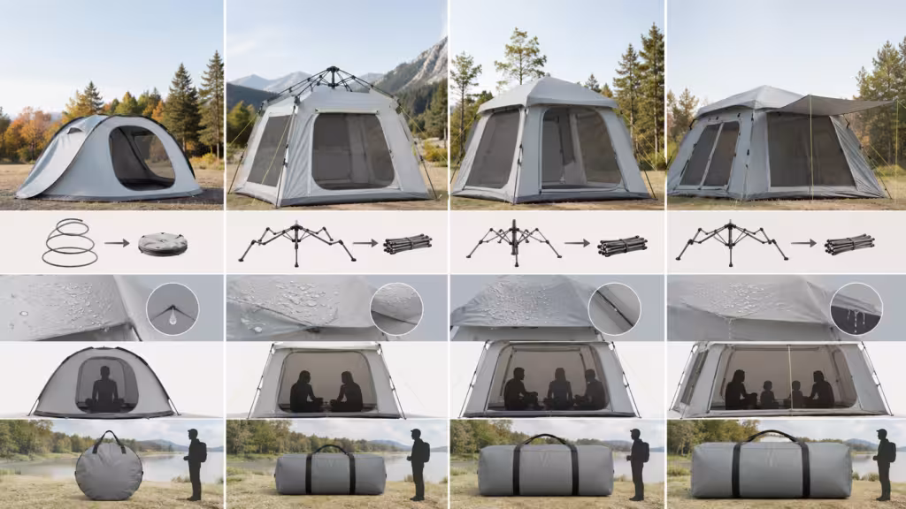 Quick setup instant tent comparison guide showing frame types, waterproofing, interior space, and packed size for outdoor camping