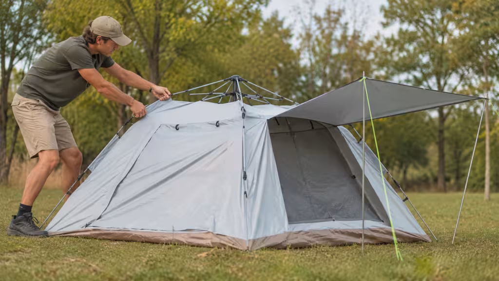 Quick setup instant tent being unfolded at an outdoor campsite, showing pre-attached poles, hub frame structure, canopy awning, and fast setup camping tent design