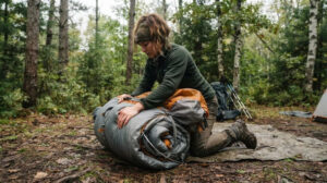 A camper was kneeling on the ground in the forest, using his body weight to tightly roll up the grey and orange tent to expel the air.