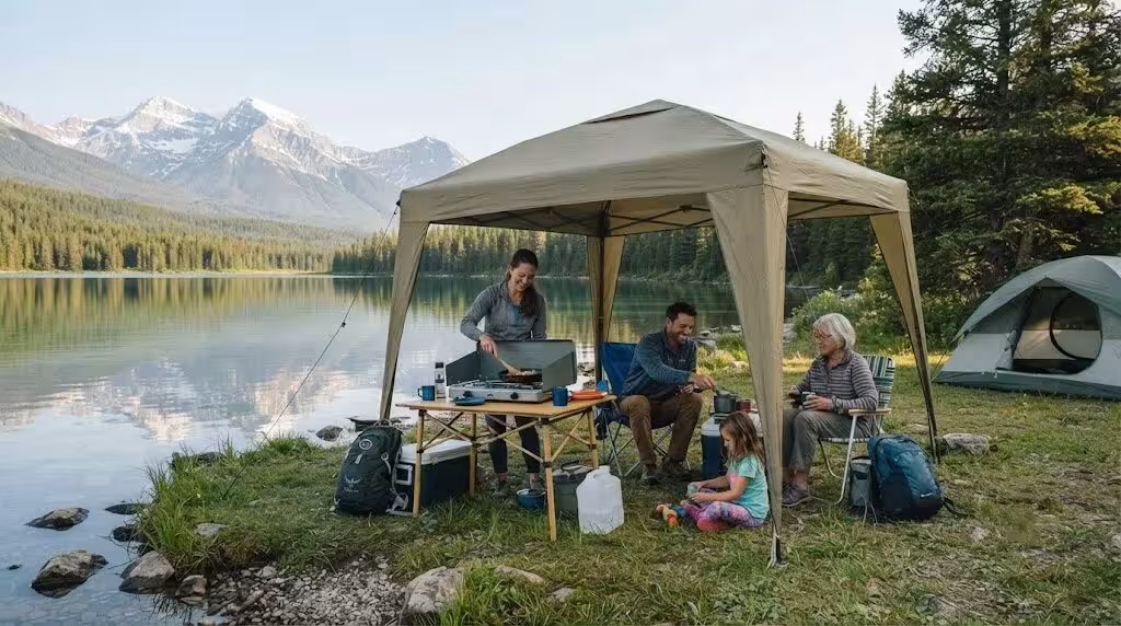 Family camping by the lake: An outdoor living scene featuring a portable aluminum awning for cooking and relaxation.
