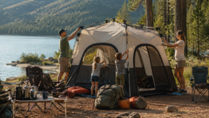 Family setting up instant camping tents beside a lake during an outdoor camping trip with camping gear and quick setup shelter.